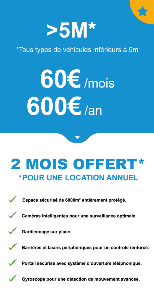 FORFAIT LOCATION 1 AN. Emplacement véhicule INFERIEUR À 5M