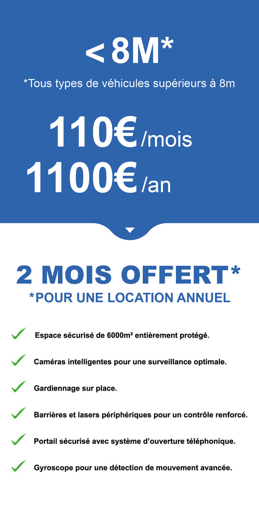 FORFAIT 1 AN. Emplacement véhicule SUPÉRIEUR À 8M.